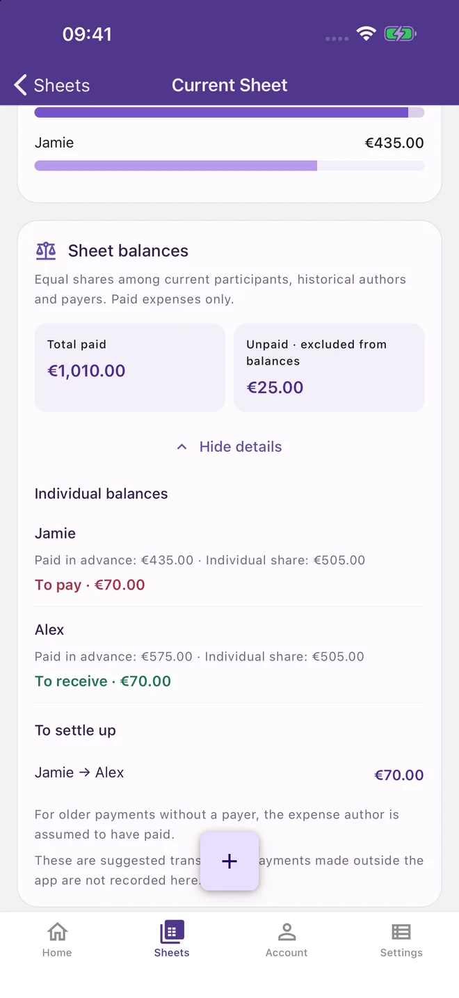 Sumili — balances and suggested payments in the iOS app